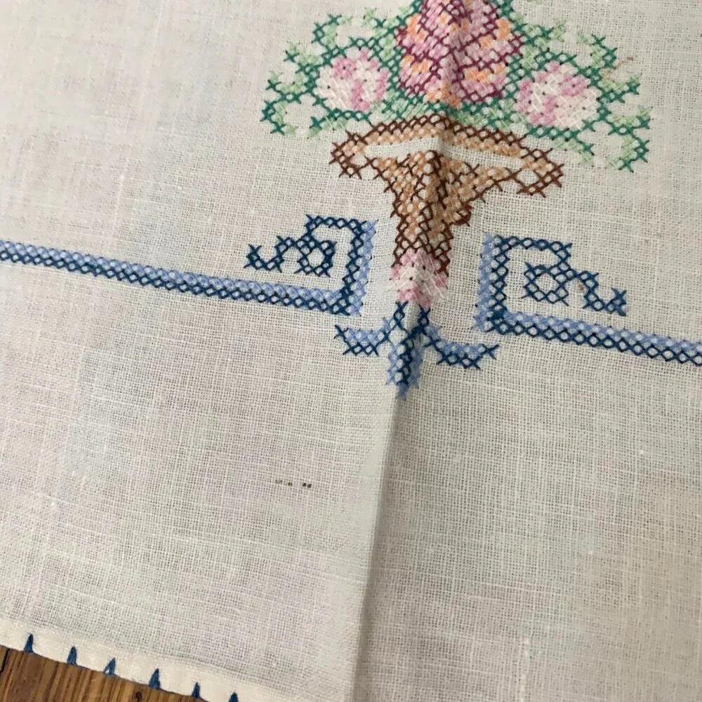 Vintage White Linen Tablecloth Embroidered Cross Stitched Floral Baskets